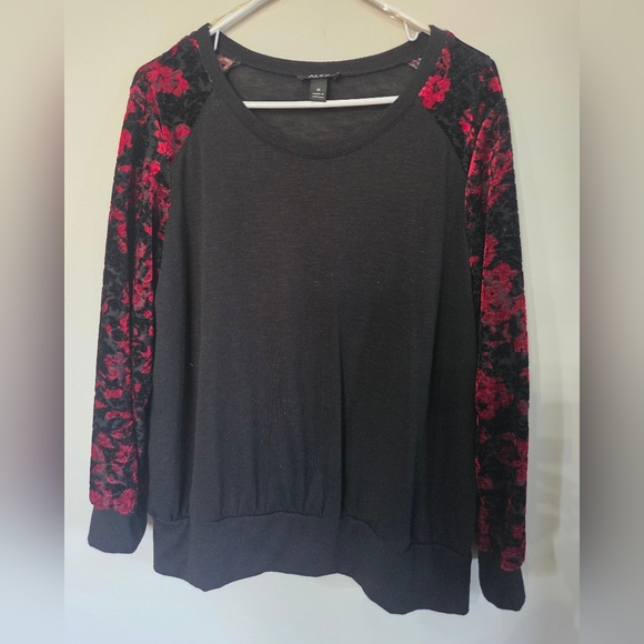 Alyx Tops - Alyx Black Pullover Top with Red Floral Sleeves 1X